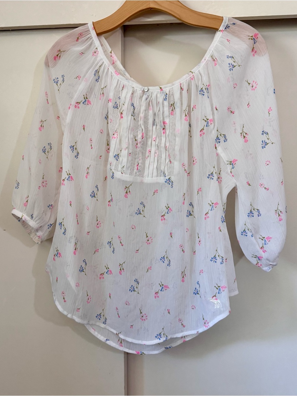 Abercrombie & Fitch 90s Vintage Peasant baby doll sheer White Blouse,pink roses